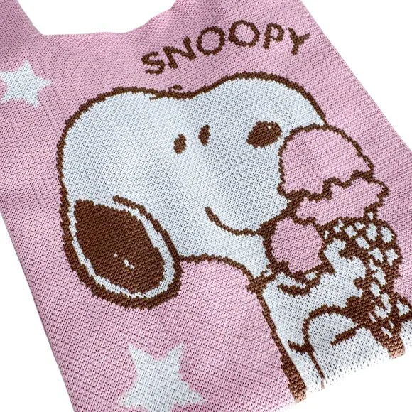 Peanuts Snoopy Loves Ice Cream Knitted Baggu Pink Mini Tote - Picture 4 of 6